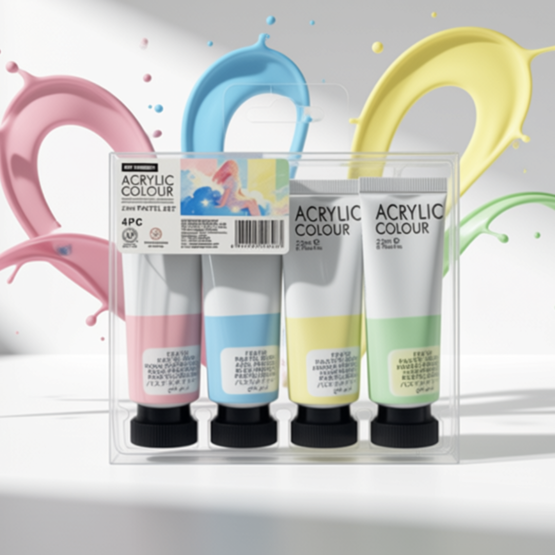 Set of acrylic paint tubes with colorful splashes on a light gray background